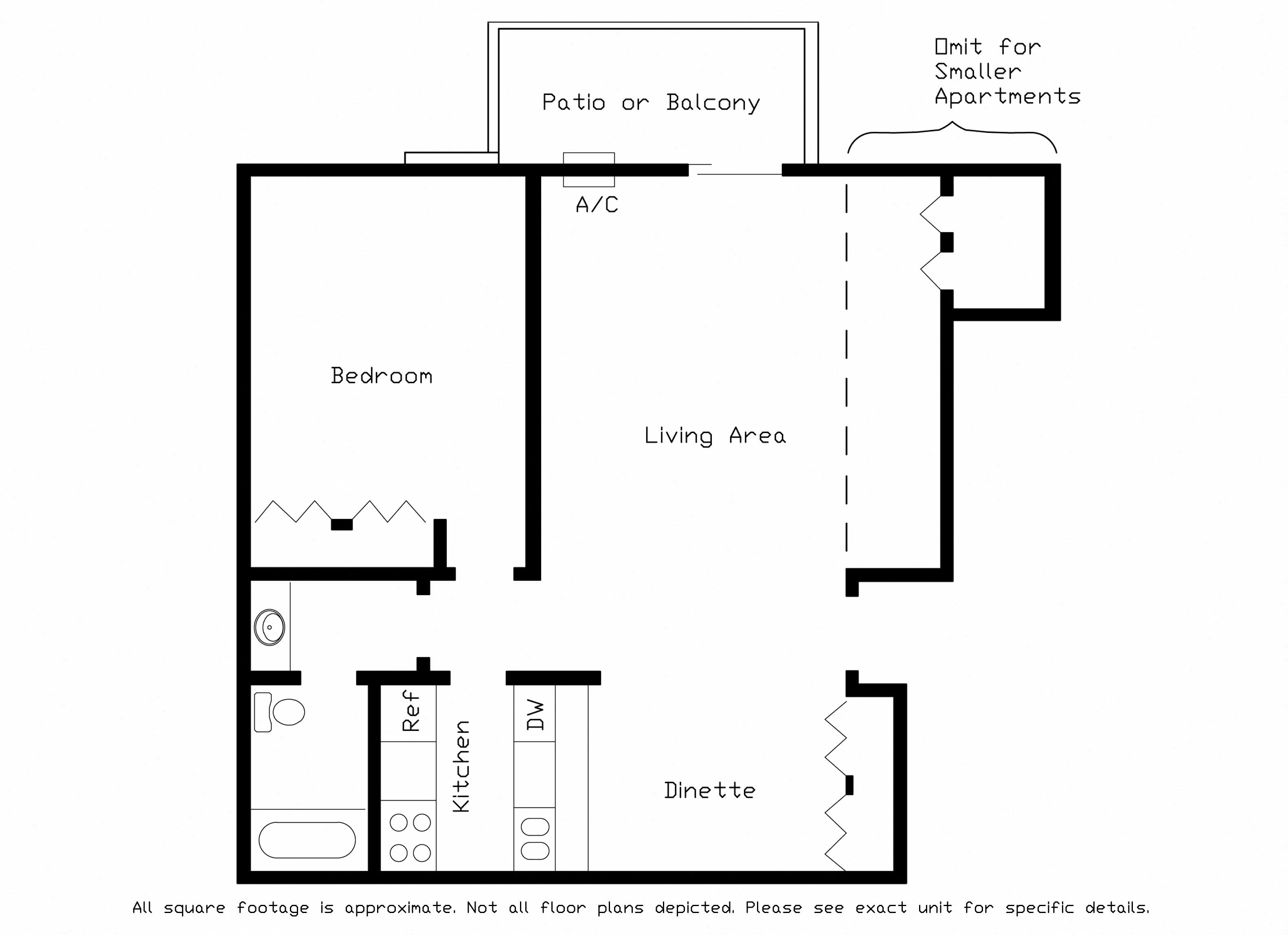 Floor plan for 1 bed, 1 bath, 720 sqft